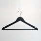 The Hangers of London Black 44cm Wooden Clothes Hanger With Non Slip Trouser Bar, featuring a sleek black finish and a sturdy metal hook, is displayed against a plain white background.