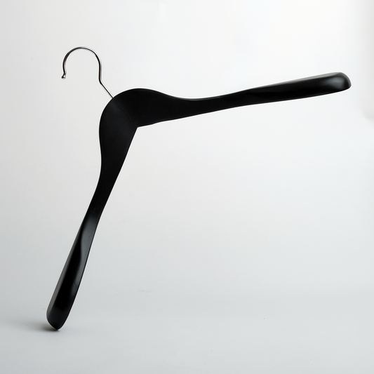 A pack of 24 “Black Wooden 45 cm Jacket Hangers” from Hangers of London, each featuring a metal hook, is shown against a plain white background.