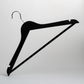 The image displays a Hangers of London Black 44cm Wooden Clothes Hanger With Non Slip Trouser Bar from their pack of 100, featuring a sleek black finish, sturdy metal hook, and a non-slip bar to keep garments securely in place—all set against a plain white background.