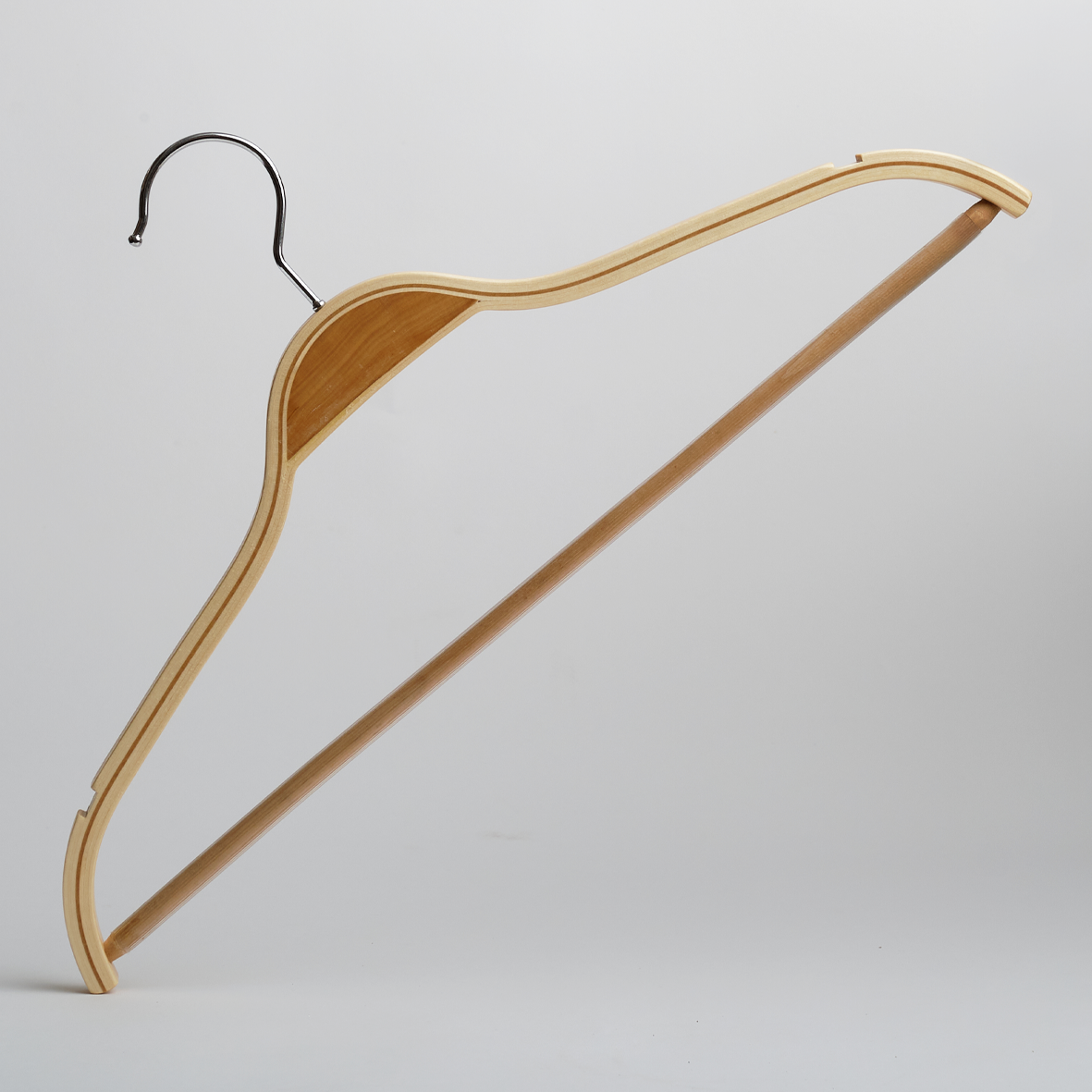 A Hangers of London Scandi Style Laminated Wooden 42cm Top Hanger with a metal hook is positioned against a plain white background. The hanger features a straight wooden trouser bar at the bottom, suitable for hanging pants.