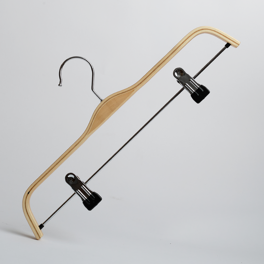 The Hangers of London Scandi Style Laminated Wooden 37cm Clip Hanger features a sturdy metal hook and two black adjustable clips, making it ideal for hanging pants or skirts. Shown here on a plain white background, this pack includes 100 hangers.