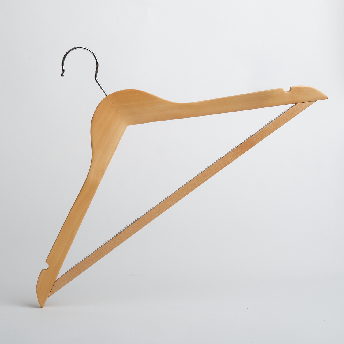 A Hangers of London Natural Wooden 44cm Top Hanger with Trouser Bar and Notches (pack of 100) is shown, featuring a smooth wood finish and metal hook, photographed against a plain white background.