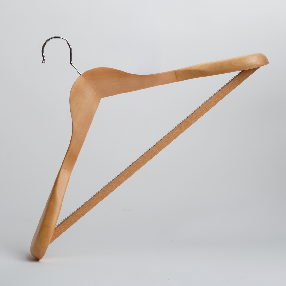 A Hangers of London Natural Wooden 45cm Jacket Hanger with a metal hook and trouser bar, from a pack of 24, is displayed against a plain white background.