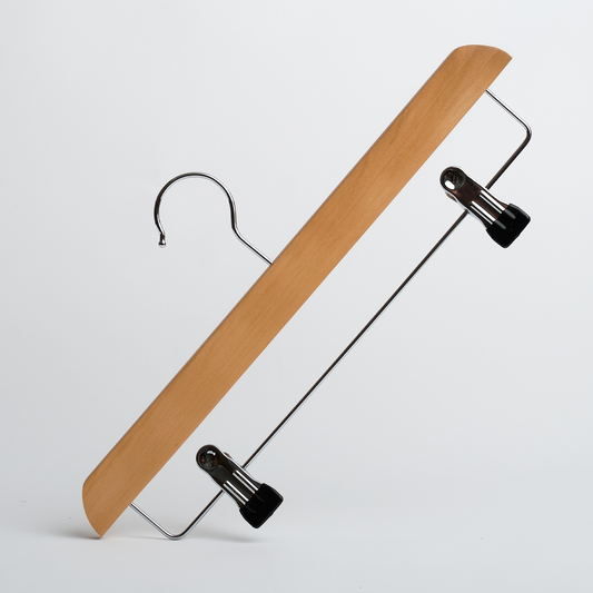 The Hangers of London Natural Wooden 35cm Clip Hanger, featuring a sturdy wood and metal construction with two black metal clips, is displayed against a plain white background.