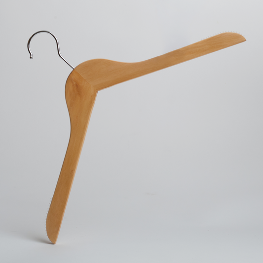 A Natural Wooden 38cm Top Hanger With Non-Slip Grips from Hangers of London stands upright against a plain white background, displaying its distinctive three-arm shape and metal hook.
