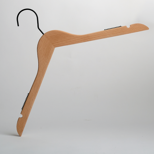 A Hangers of London Luxury FSC Certified Beech Wooden 42cm Top Hanger With Non-Slip Grips, featuring a black metal hook and standing upright on a white background. The hanger includes notches and ridges on both arms for securely gripping clothing.
