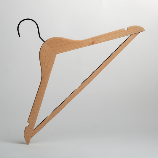 A pack of 100 Luxury FSC Certified Beech Wooden 42cm Top Hangers with trouser bars from Hangers of London, arranged against a plain white background.