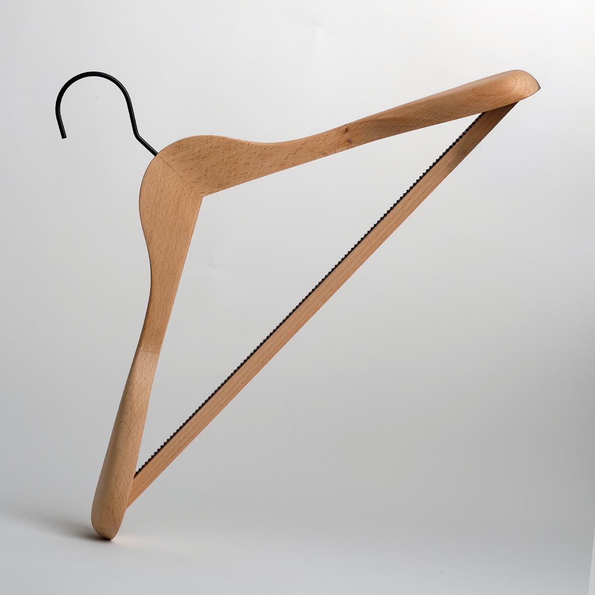 The Hangers of London Luxury FSC Certified Beech Wooden Jacket Hanger With Trouser Bar (Pack of 24) features a sleek beech wood design and sturdy metal hook, photographed against a plain white background.