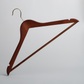 A Hangers of London dark wooden 45cm top hanger with a trouser bar and gold hardware, featuring notches on both sides for holding straps, photographed against a plain white background. This is sold as a pack of 100.
