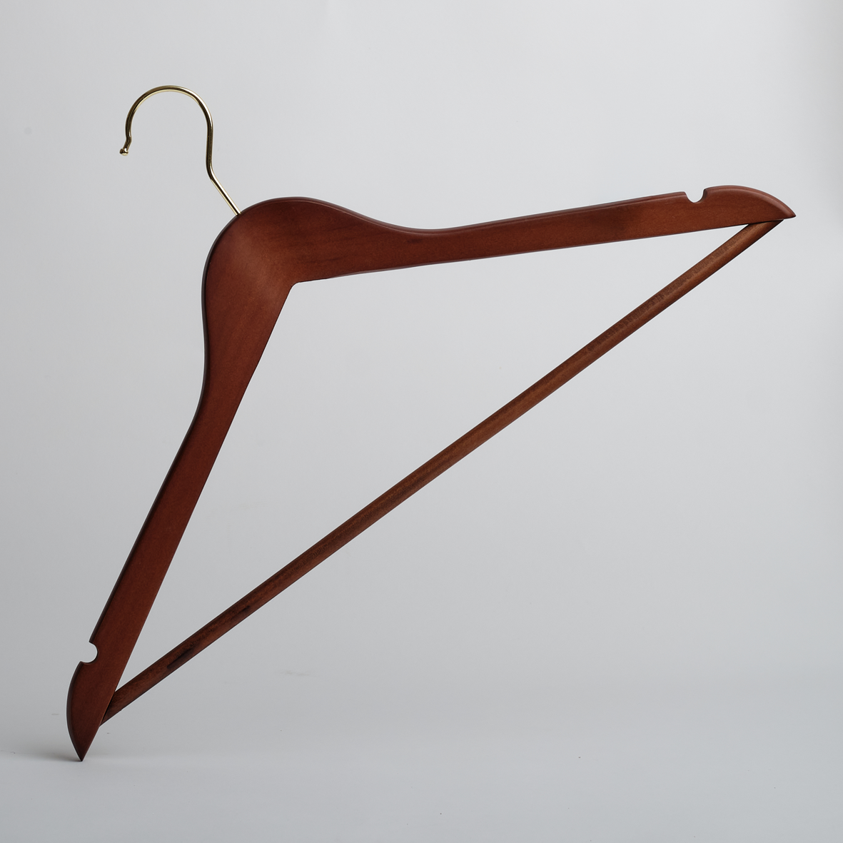 A Hangers of London dark wooden 45cm top hanger with a trouser bar and gold hardware, featuring notches on both sides for holding straps, photographed against a plain white background. This is sold as a pack of 100.