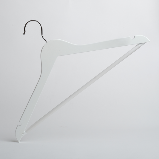 A Hangers of London White Wooden 44cm Top Hanger with a non-slip trouser bar is standing upright against a plain light gray background.