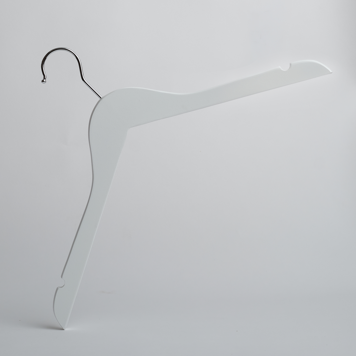 The Hangers of London White Wooden 40cm Top Hanger With Notches (Pack of 100) is displayed upright against a plain light gray background.