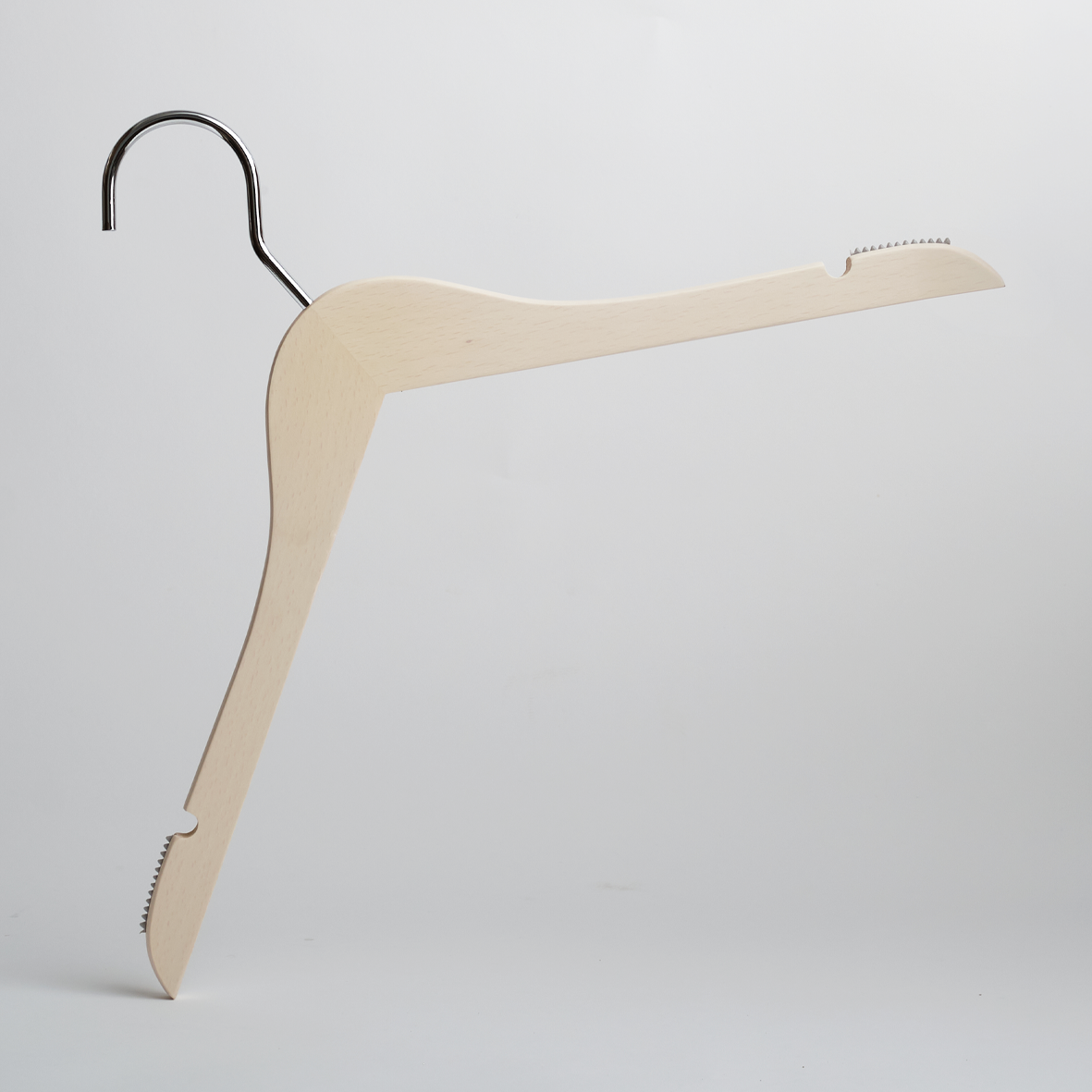 A Hangers of London Luxury Whitewashed Beech Wooden 42cm Top Hanger With Notches, featuring a silver hook and photographed against a plain white background. The hanger includes notches for straps on both arms.