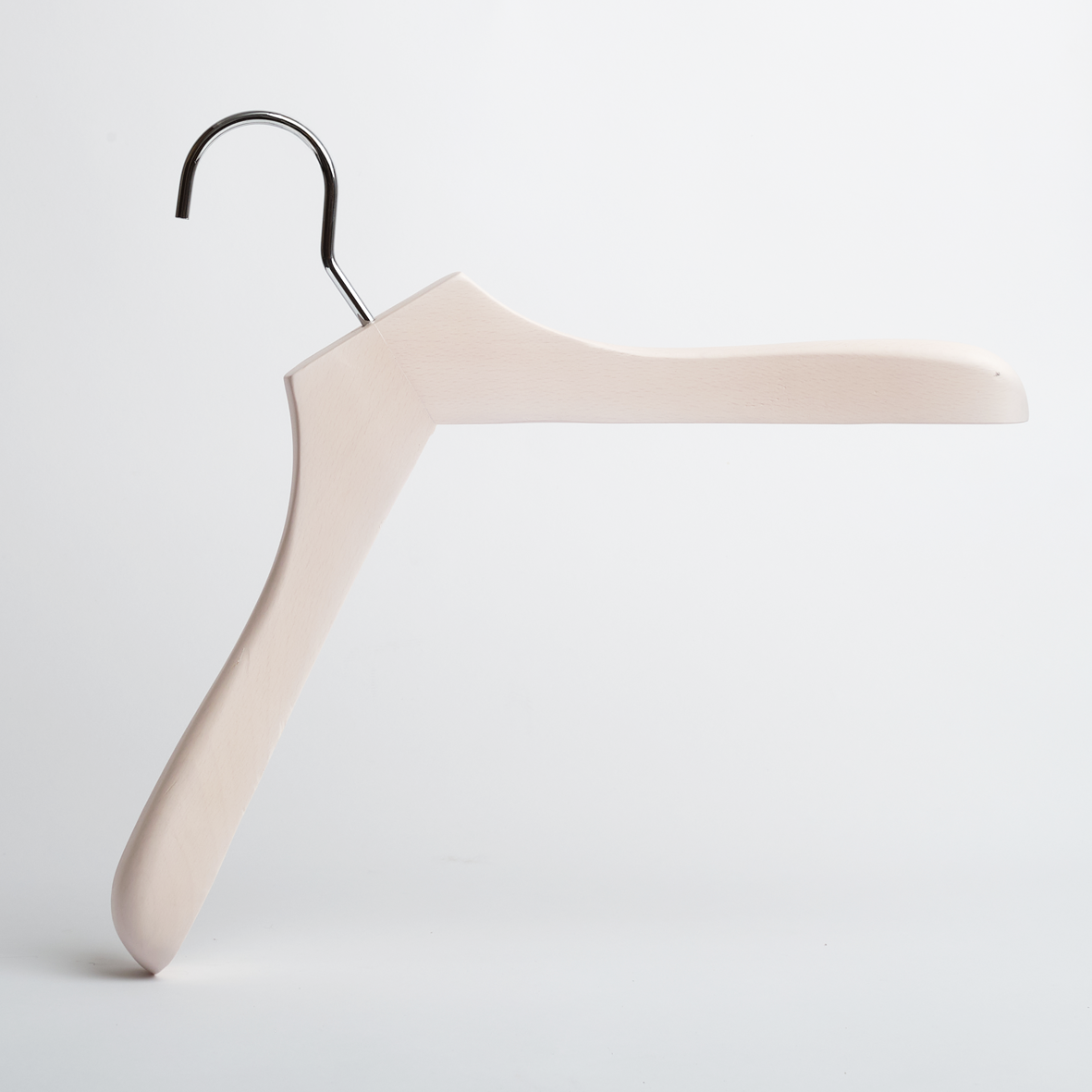 The Luxury Whitewashed FSC Certified Beech Wooden 41cm Jacket Hanger by Hangers of London is displayed against a plain white background, featuring a light wood finish and a curved metal hook.