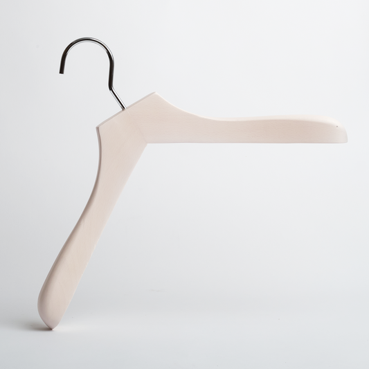 The Luxury Whitewashed FSC Certified Beech Wooden 41cm Jacket Hanger by Hangers of London is displayed against a plain white background, featuring a light wood finish and a curved metal hook.