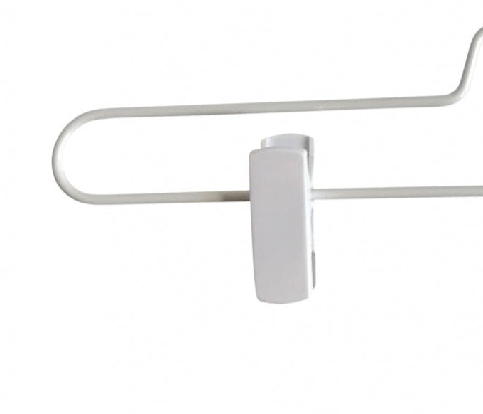 A White Metal Clip Bottom Hanger 35cm from Hangers of London with a single horizontal rod and a hook at the top. The hanger has a simple rectangular, white metal clip attached to the rod, making it both functional and stylish. The background is plain white.