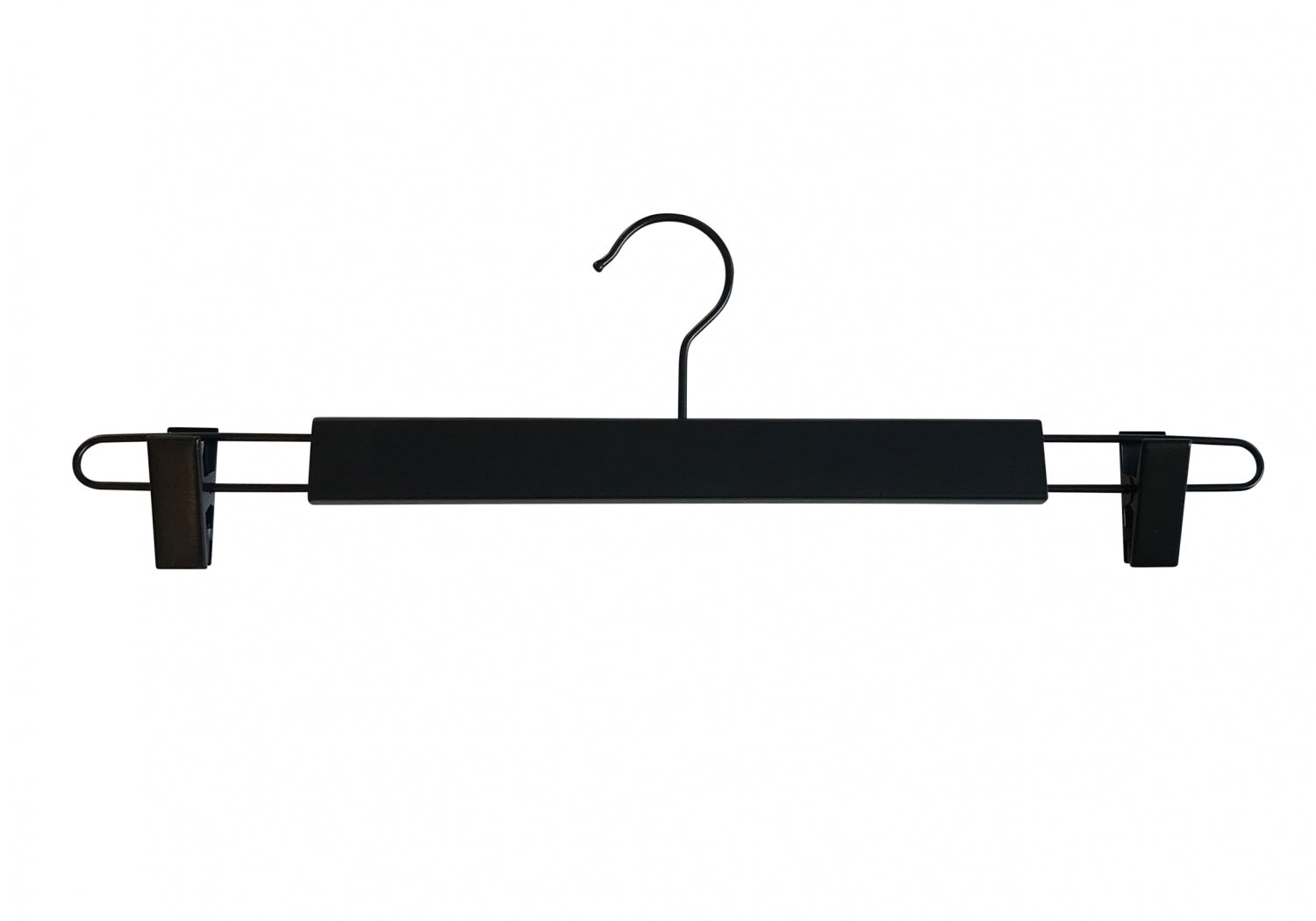 A Hangers of London Black Wooden Clip Bottom Hanger 37cm with sturdy clips on each end, designed for hanging pants or skirts. The hanger features a central bar with adjustable clips and a 360-degree rotation hook at the top for easy closet organization. The image is set against a plain white background.
