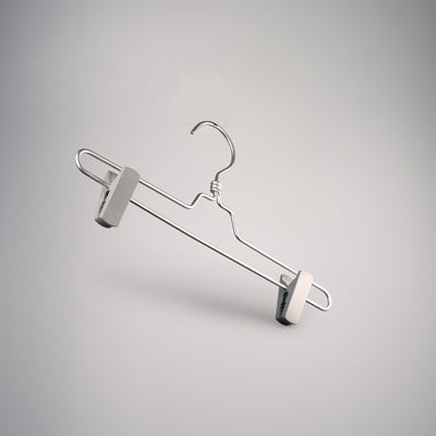 A Hangers of London Natural Aluminium Clip Bottom Hanger 35cm is suspended against a neutral gray background. The aluminium hanger has a simple, sleek design with a curved hook at the top for hanging, and the clip bottom design ensures secure garment holding at either end.