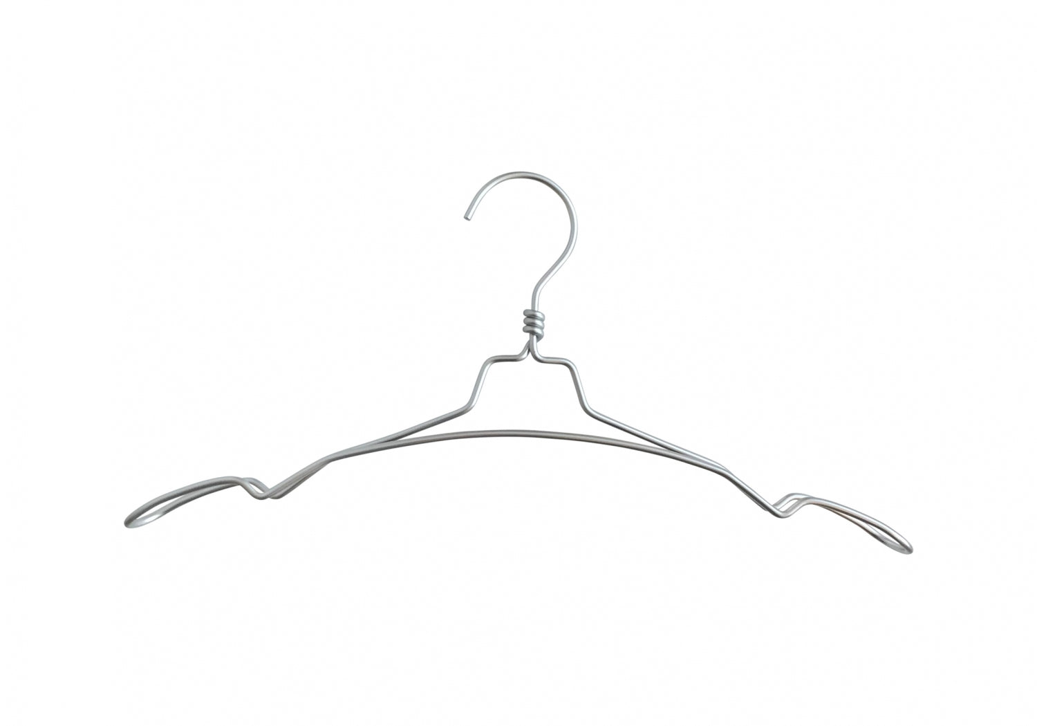 A Hangers of London Natural Aluminium Top Notch Coat Hanger 40cm is displayed on a white background. The silver, metal wire coat hanger features a hook at the top and a simple, minimalist design with slight curves at the ends for possibly holding garments with delicate straps, perfect for wardrobe organization.