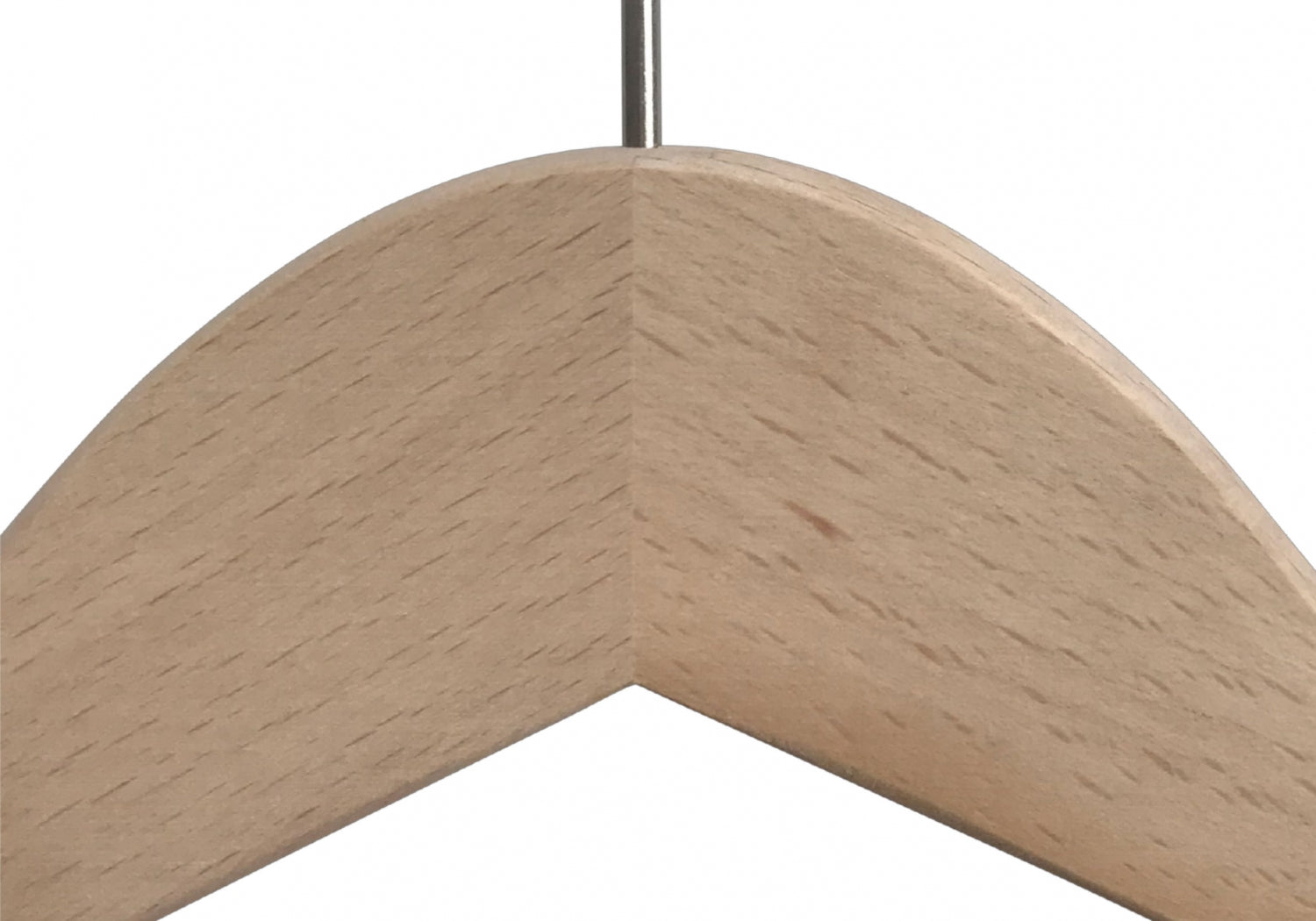 Close-up of a durable Hangers of London Natural Wooden Jacket Top Coat Hanger 44cm, ideal for garment care. The image shows the top section where the two arms meet in the center, with a metal hook extending upwards. The wood has a smooth texture with a light natural finish, perfect for preserving your jackets and coats.