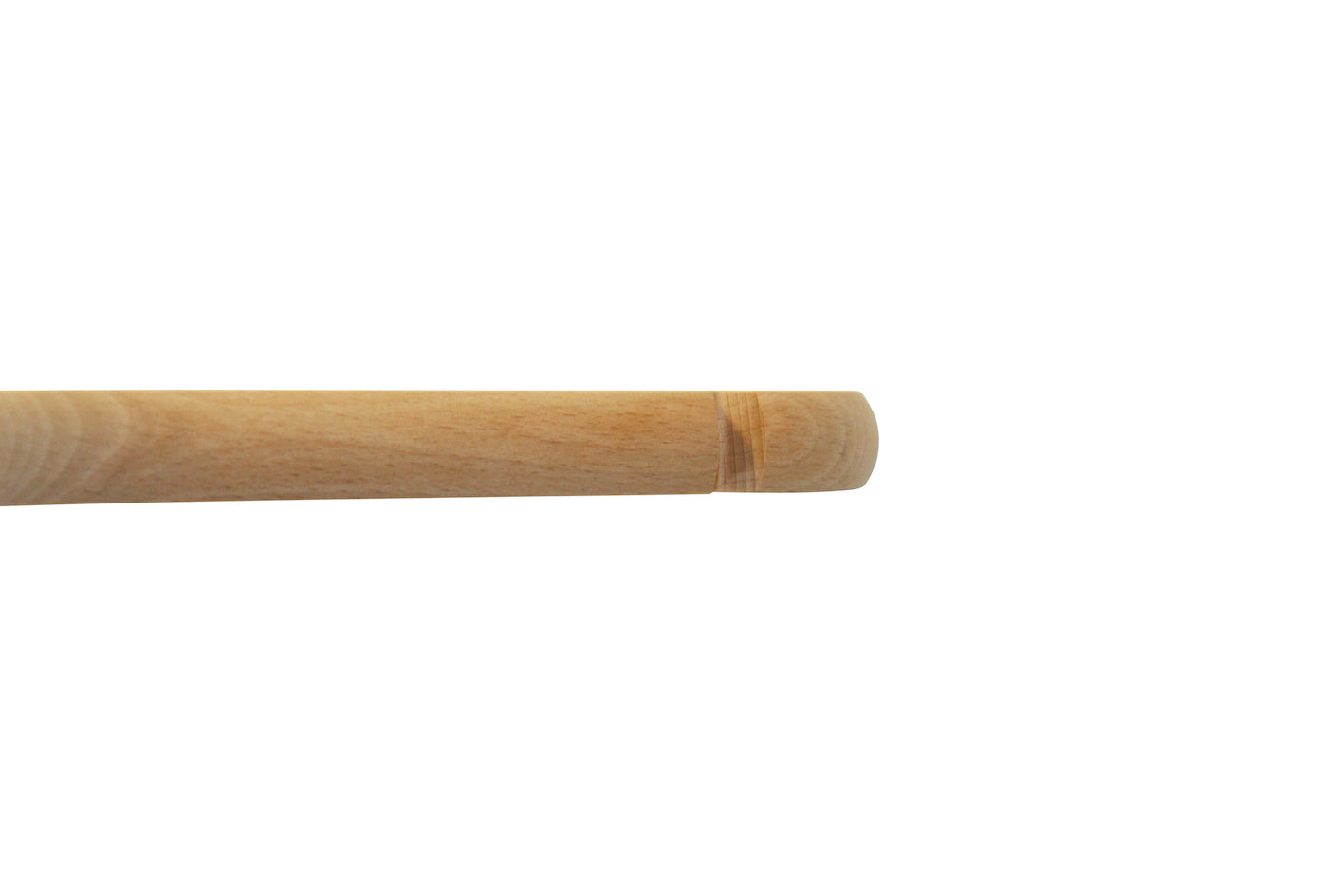 A close-up image of the end of a Natural Wooden Thick Top Jacket and Bridal Hanger 39cm with a smooth, cylindrical shape. The hanger, from Hangers of London, appears to be made of light-colored wood and has a rounded tip. The background is plain white.