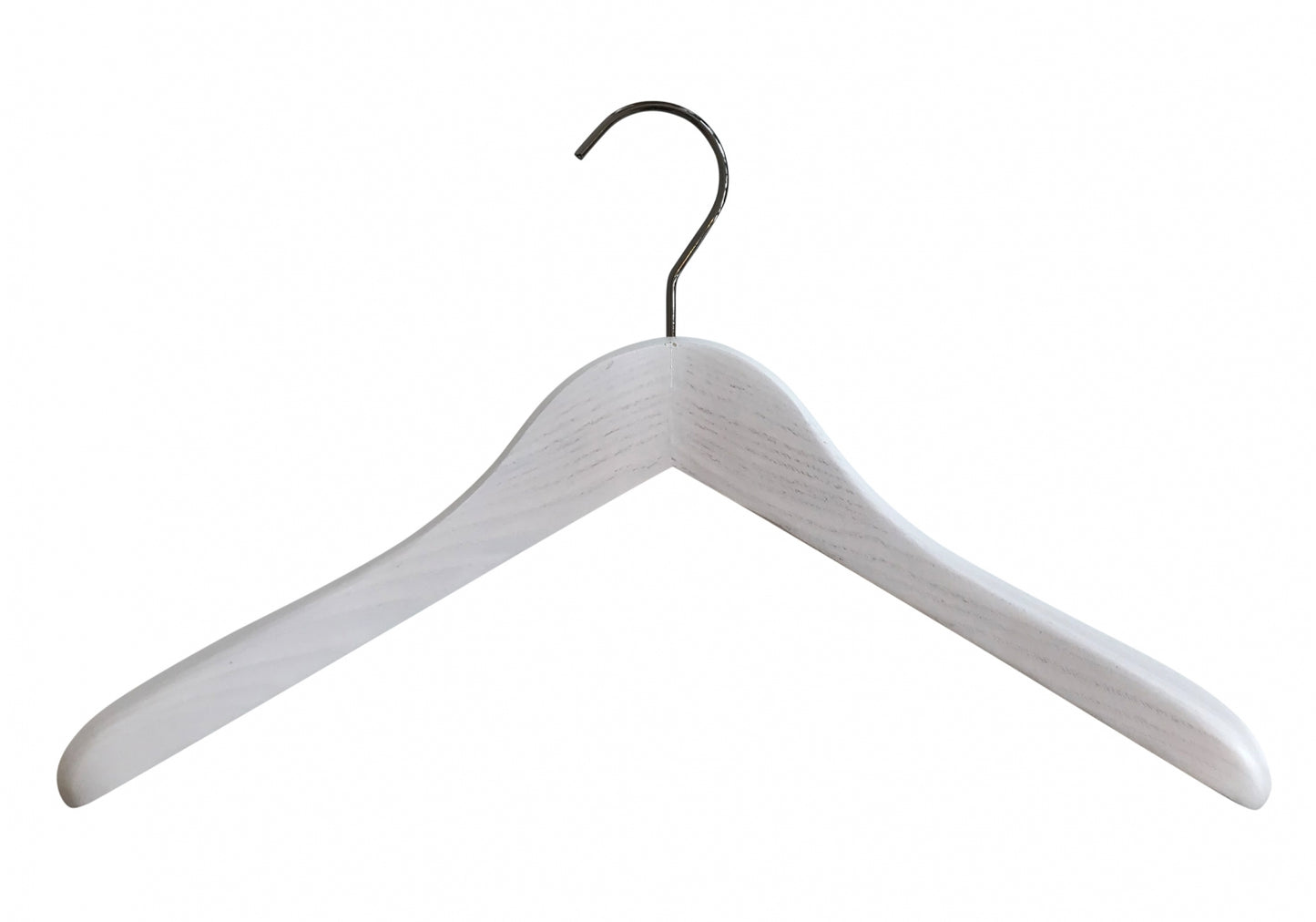 A single premium-quality White Ash Wooden Jacket Coat Hanger 44cm by Hangers of London, featuring a broad-shouldered design suitable for holding a variety of clothing items. The image is set against a plain white background, showcasing its elegance and durability for jacket or coat hangers needs.