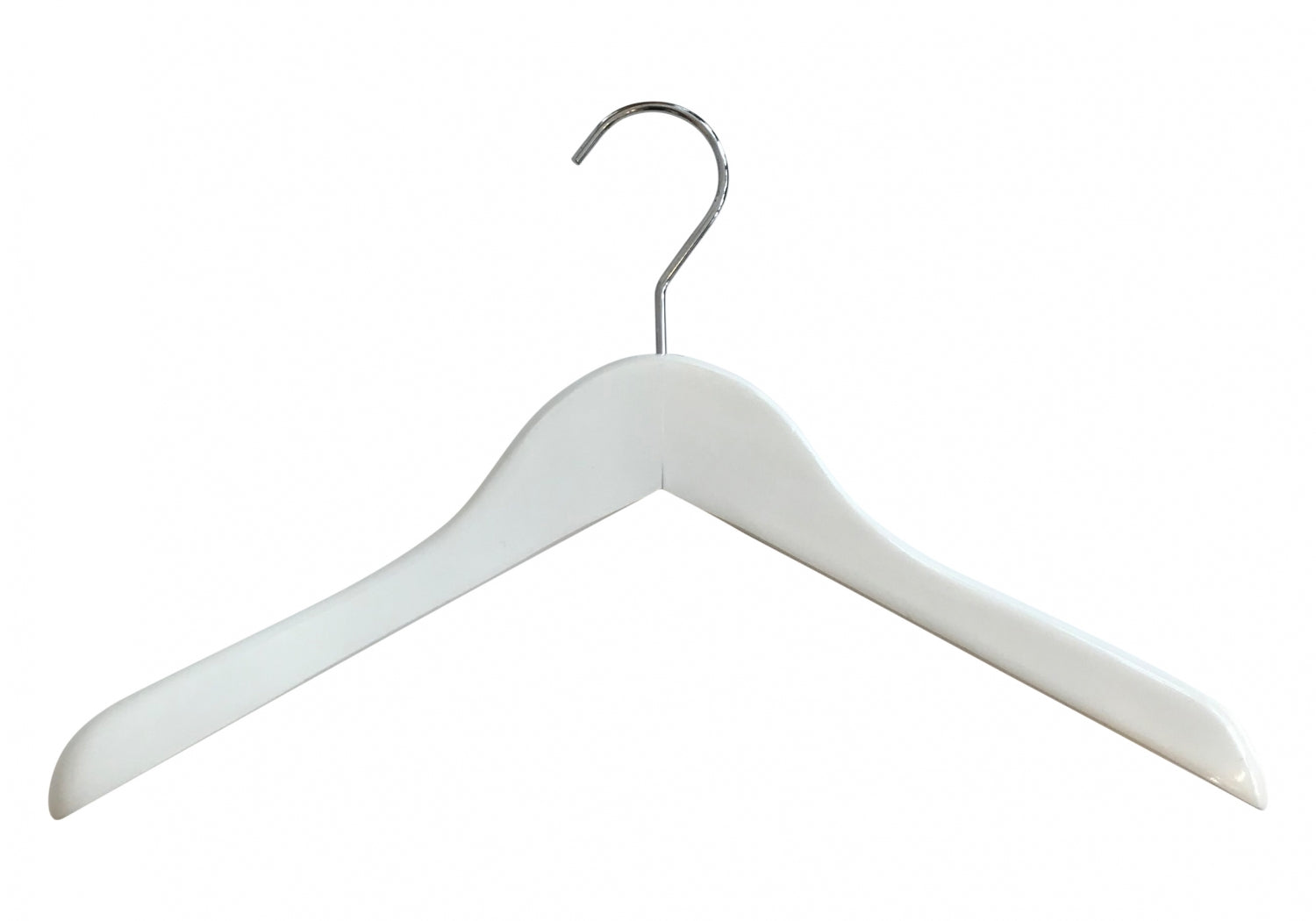 A premium-quality White Ash Wooden Jacket Coat Hanger 44cm by Hangers of London with a metal hook at the top. The hanger's curved design and wide ends make it ideal for hanging garments like coats or blouses. The background is plain white, emphasizing the elegance of these White Ash Wooden Jacket Coat Hangers 44cm by Hangers of London.